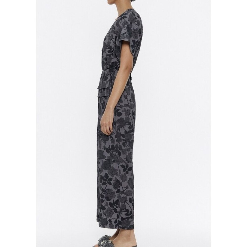 BIMBA Y LOLA WIDE LEG JUMPSUIT Large Size Gray Short Sleeves Elastic Waist Vneck - Picture 2 of 16